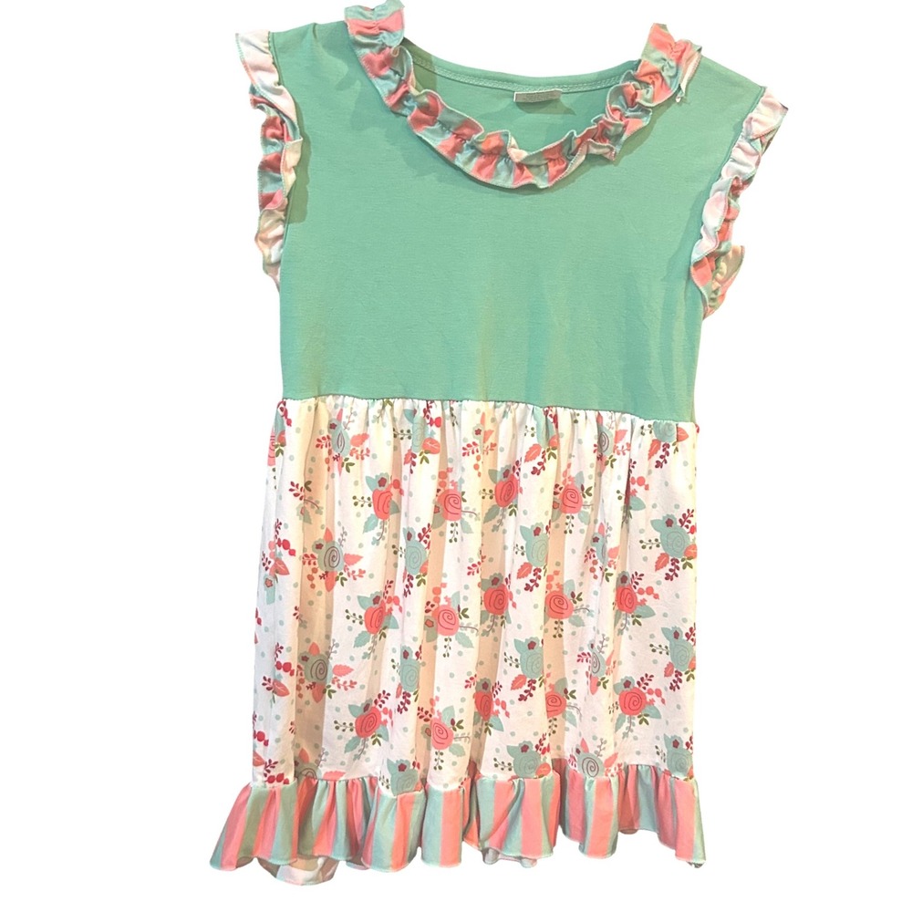 4/$17 Girls Ruffle Dress Floral Print Green Pink White Kids Casual 8-9T